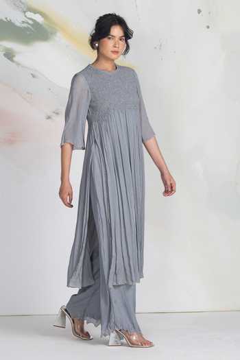 Ilk_Grey Chiffon, Mukaish Smocking Round Neck Starlight Side Slit Kurta _Online_at_Aza_Fashions