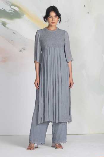 Buy_Ilk_Grey Chiffon, Mukaish Smocking Round Neck Starlight Side Slit Kurta _at_Aza_Fashions