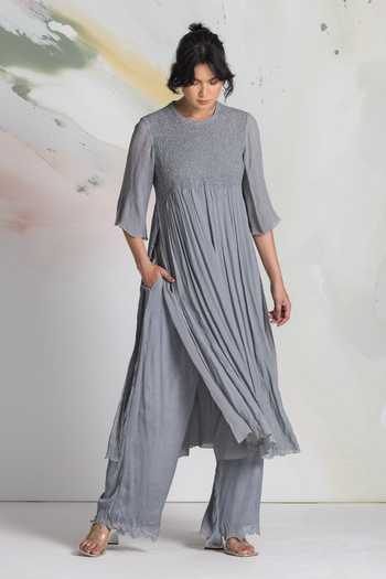 Buy_Ilk_Grey Chiffon, Mukaish Smocking Round Neck Starlight Side Slit Kurta _Online_at_Aza_Fashions