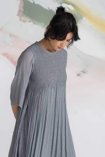 Shop_Ilk_Grey Chiffon, Mukaish Smocking Round Neck Starlight Side Slit Kurta _Online_at_Aza_Fashions