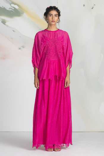 Ilk_Fuchsia Chiffon, Mukaish Smocking Round Neck Lumen Smocked Top _Online_at_Aza_Fashions