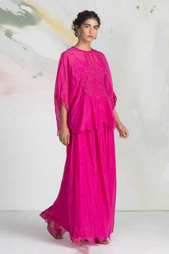 Buy_Ilk_Fuchsia Chiffon, Mukaish Smocking Round Neck Lumen Smocked Top _Online_at_Aza_Fashions