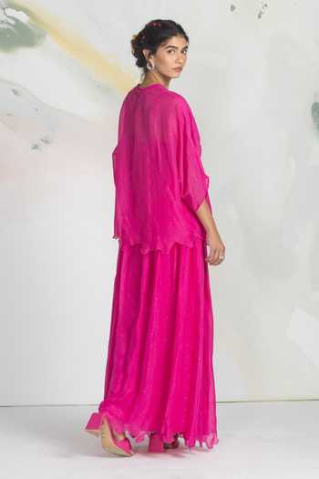 Shop_Ilk_Fuchsia Chiffon, Mukaish Smocking Round Neck Lumen Smocked Top _at_Aza_Fashions
