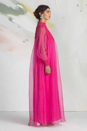 Ilk_Pink Silk Organza Smocking Bloom Gown _Online_at_Aza_Fashions