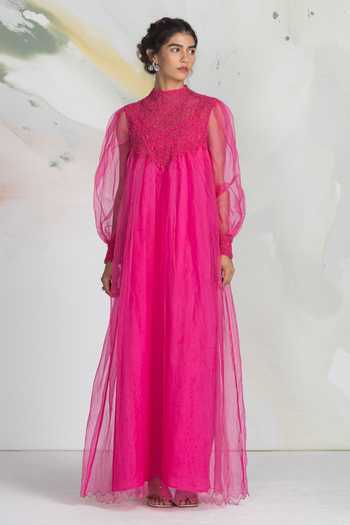 Buy_Ilk_Pink Silk Organza Smocking Bloom Gown _at_Aza_Fashions