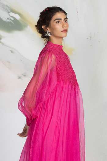 Buy_Ilk_Pink Silk Organza Smocking Bloom Gown _Online_at_Aza_Fashions