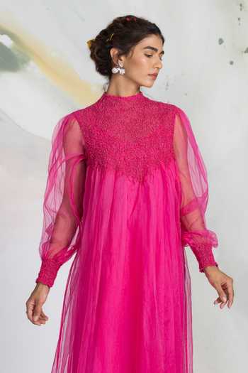 Shop_Ilk_Pink Silk Organza Smocking Bloom Gown _Online_at_Aza_Fashions