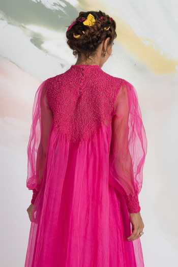 Ilk_Pink Silk Organza Smocking Bloom Gown _at_Aza_Fashions