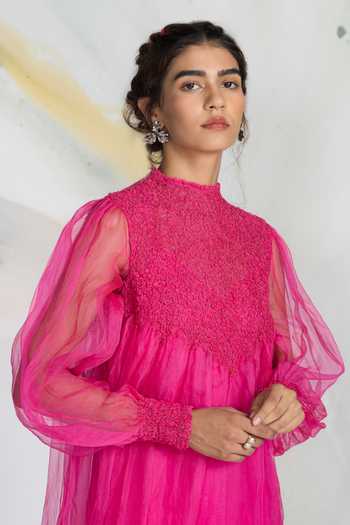 Buy_Ilk_Pink Silk Organza Smocking Bloom Gown 