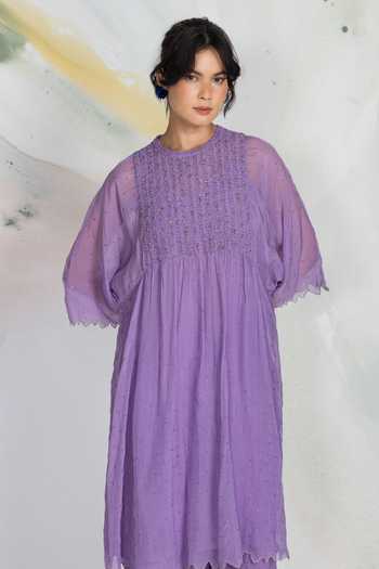 Ilk_Lavender Organza, Mukaish Smocking Wisteria Smocked Kurta _Online_at_Aza_Fashions