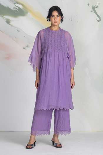 Shop_Ilk_Lavender Organza, Mukaish Smocking Wisteria Smocked Kurta _Online_at_Aza_Fashions