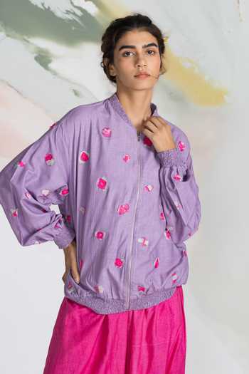 Ilk_Lavender Silk Embroidery Petal Pop Bomber Jacket _Online_at_Aza_Fashions