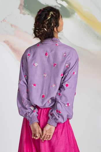 Shop_Ilk_Lavender Silk Embroidery Petal Pop Bomber Jacket _at_Aza_Fashions