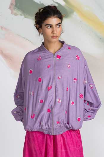 Buy_Ilk_Lavender Silk Embroidery Petal Pop Bomber Jacket _at_Aza_Fashions