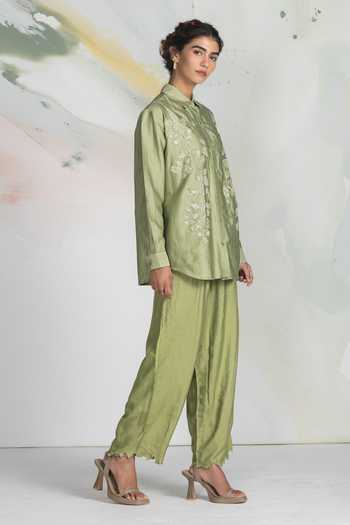 Ilk_Green Silk Embroidery Grove Shirt _Online_at_Aza_Fashions