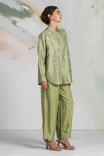 Shop_Ilk_Green Silk Embroidery Grove Shirt _Online_at_Aza_Fashions