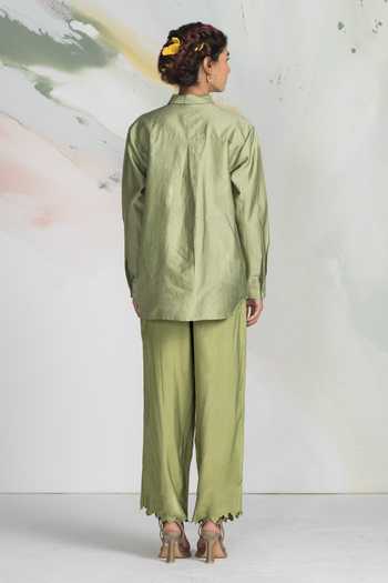 Shop_Ilk_Green Silk Embroidery Grove Shirt _at_Aza_Fashions