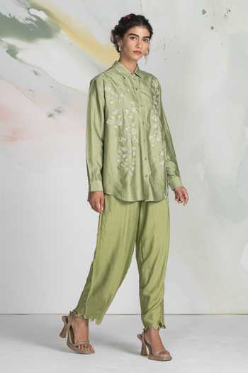Ilk_Green Silk Embroidery Grove Shirt _at_Aza_Fashions