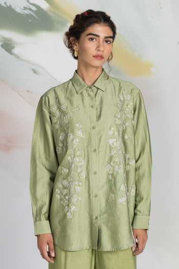 Buy_Ilk_Green Silk Embroidery Grove Shirt _at_Aza_Fashions