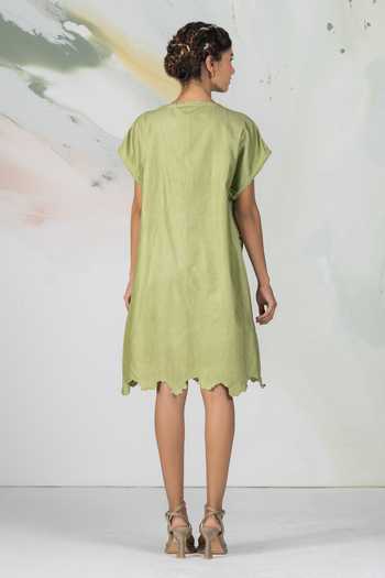Shop_Ilk_Green Silk, Chanderi, Satin Embroidery, Smocking Flutter Short Dress _at_Aza_Fashions