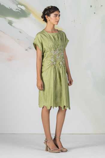 Buy_Ilk_Green Silk, Chanderi, Satin Embroidery, Smocking Flutter Short Dress _at_Aza_Fashions