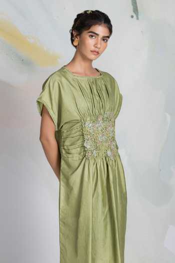 Ilk_Green Silk, Chanderi, Satin Embroidery, Smocking Flutter Short Dress _Online_at_Aza_Fashions