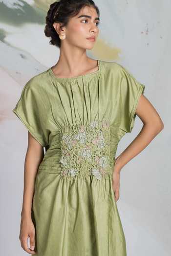 Buy_Ilk_Green Silk, Chanderi, Satin Embroidery, Smocking Flutter Short Dress _Online_at_Aza_Fashions