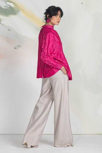 Shop_Ilk_Fuchsia Silk, Chanderi, Satin Smocking Core Smocked Shirt _at_Aza_Fashions