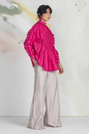 Ilk_Fuchsia Silk, Chanderi, Satin Smocking Core Smocked Shirt _Online_at_Aza_Fashions