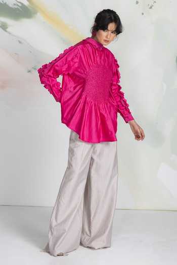 Buy_Ilk_Fuchsia Silk, Chanderi, Satin Smocking Core Smocked Shirt _at_Aza_Fashions
