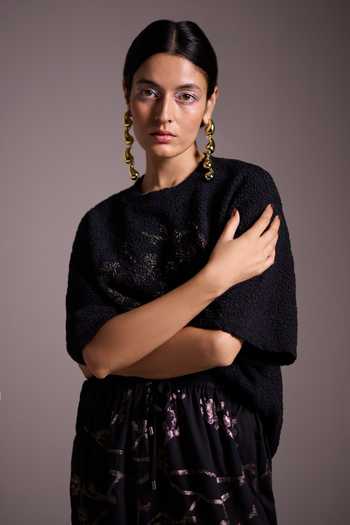 Buy_Ilk_Black Silk, Modal Applique, Metallic Thread, Smocking Twilight Lurex Top _Online_at_Aza_Fashions