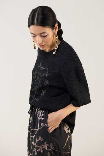 Shop_Ilk_Black Silk, Modal Applique, Metallic Thread, Smocking Twilight Lurex Top _Online_at_Aza_Fashions