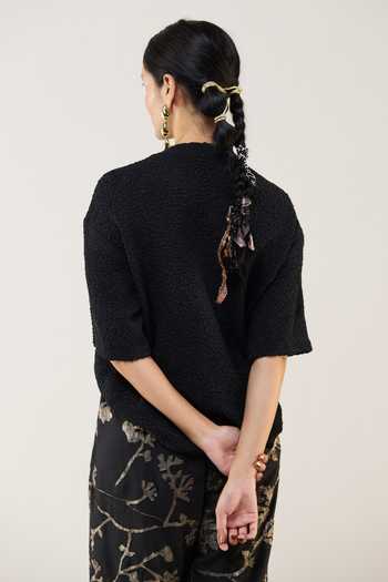 Shop_Ilk_Black Silk, Modal Applique, Metallic Thread, Smocking Twilight Lurex Top _at_Aza_Fashions