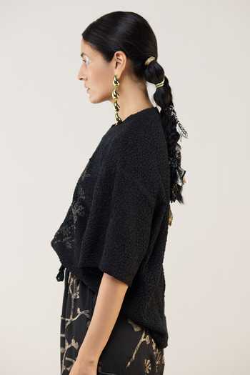 Ilk_Black Silk, Modal Applique, Metallic Thread, Smocking Twilight Lurex Top _at_Aza_Fashions