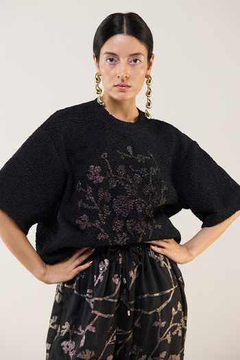 Buy_Ilk_Black Silk, Modal Applique, Metallic Thread, Smocking Twilight Lurex Top _at_Aza_Fashions