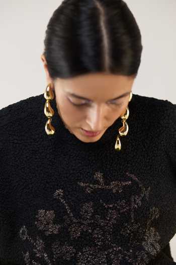 Shop_Ilk_Black Silk, Modal Applique, Metallic Thread, Smocking Twilight Lurex Top 