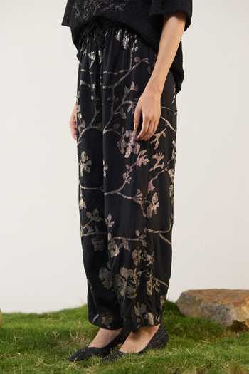 Ilk_Black Silk, Modal Applique, Machine Embroidery Dusk Trouser _Online_at_Aza_Fashions