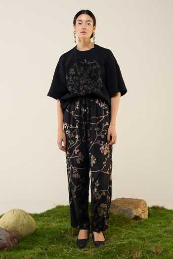 Buy_Ilk_Black Silk, Modal Applique, Machine Embroidery Dusk Trouser _at_Aza_Fashions