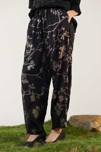 Buy_Ilk_Black Silk, Modal Applique, Machine Embroidery Dusk Trouser _Online_at_Aza_Fashions