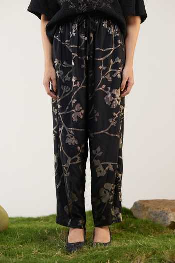 Shop_Ilk_Black Silk, Modal Applique, Machine Embroidery Dusk Trouser _at_Aza_Fashions