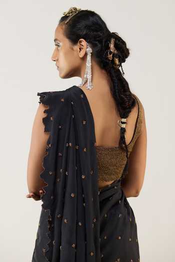 Ilk_Gold Cotton Embroidery, Zari Ebony Sleeveless Blouse _Online_at_Aza_Fashions