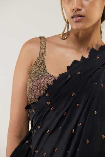Buy_Ilk_Gold Cotton Embroidery, Zari Ebony Sleeveless Blouse _at_Aza_Fashions