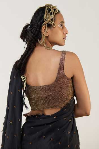 Shop_Ilk_Gold Cotton Embroidery, Zari Ebony Sleeveless Blouse _at_Aza_Fashions