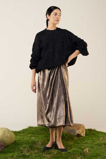 Ilk_Black Cotton Embroidery, Zari, Smocking Round Neck Twilight Smocked Jumper _Online_at_Aza_Fashions