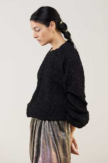 Ilk_Black Cotton Embroidery, Zari, Smocking Round Neck Twilight Smocked Jumper _at_Aza_Fashions