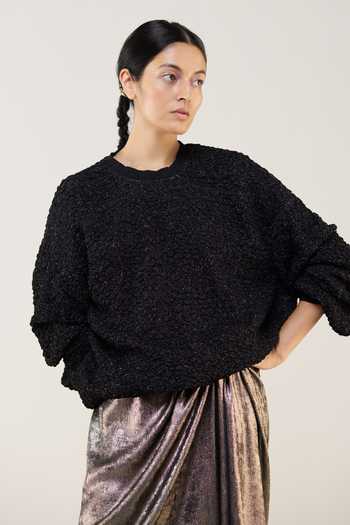 Buy_Ilk_Black Cotton Embroidery, Zari, Smocking Round Neck Twilight Smocked Jumper _at_Aza_Fashions
