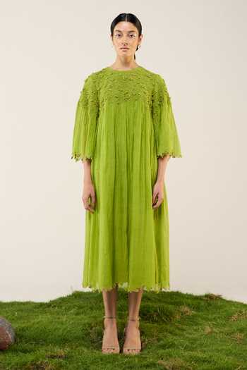 Ilk_Lime Silk, Chanderi Embroidery Round Neck Fern Dew Dress _Online_at_Aza_Fashions