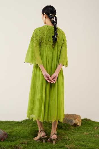 Shop_Ilk_Lime Silk, Chanderi Embroidery Round Neck Fern Dew Dress _at_Aza_Fashions