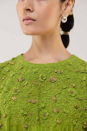 Buy_Ilk_Lime Silk, Chanderi Embroidery Round Neck Fern Dew Dress _Online_at_Aza_Fashions