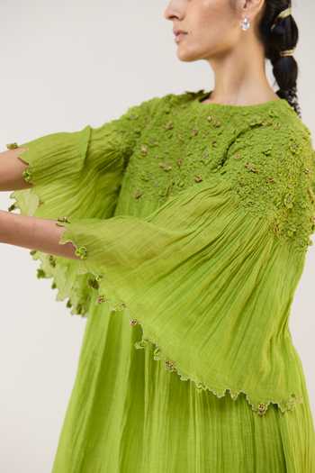 Shop_Ilk_Lime Silk, Chanderi Embroidery Round Neck Fern Dew Dress _Online_at_Aza_Fashions
